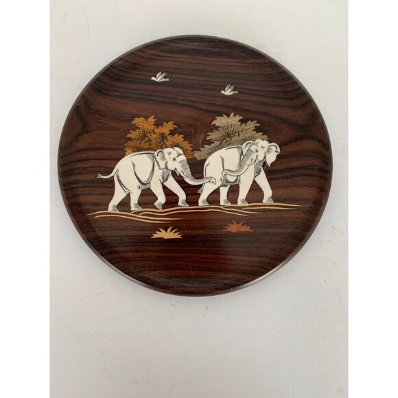 Vintage Handmade Wood Inlaid Elephants 9" Round Plate Dish Safari Decor - Picture 5 of 6